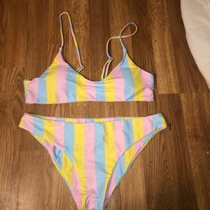 Striped Thin Strap Top With High Leg Bikini Set